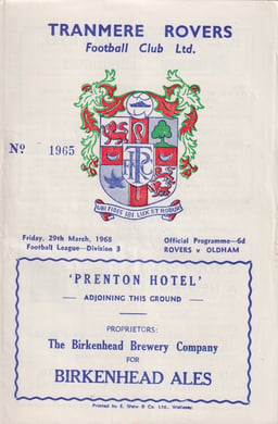 Tranmere Rovers v Oldham Athletic Match Programme 1968-03-29